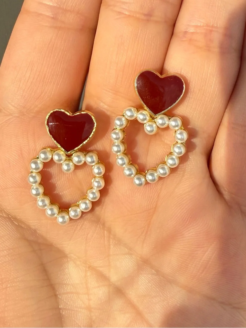 Gold Pearl Heart Drop Earrings with Red Enamel Hearts